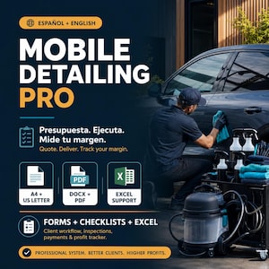 Puede incluir: Un gráfico de marketing digital para Mobile Detailing Pro con texto en inglés y español. Muestra iconos para A4, US Letter, DOCX, PDF y soporte Excel, junto a una persona limpiando un coche con una aspiradora y suministros de limpieza.