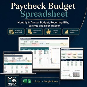Puede incluir: Una hoja de cálculo de presupuesto de nómina digital para Excel y Google Sheets que presenta un panel con herramientas de seguimiento de presupuesto mensual y anual, facturas recurrentes, ahorros y deudas en una pantalla de portátil y tableta.