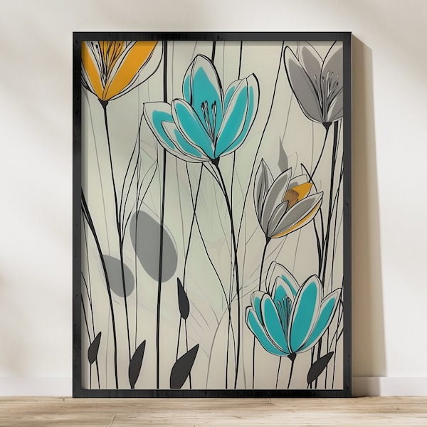 Modern Floral Art Printable, Abstract Flowers Digital Download, Home Decor, Large Wall Art, Colorful Floral Print, Living Room Art