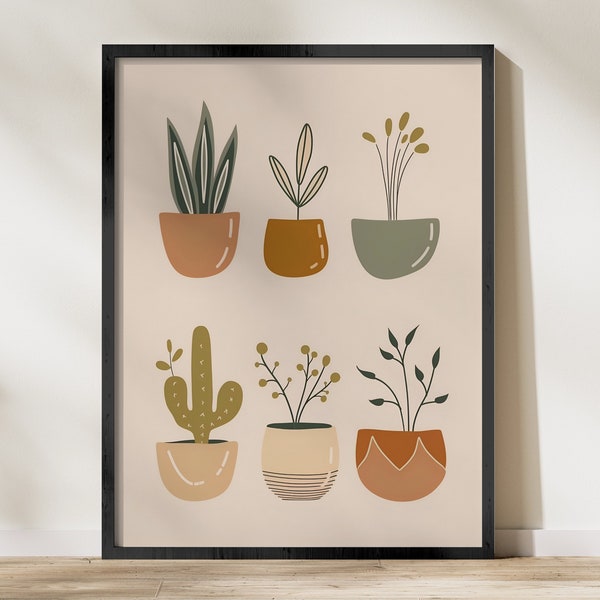 Minimalist Plant Art Print, Modern Botanical Digital Poster, Home Decor Wall Art, Earth Tones Illustration