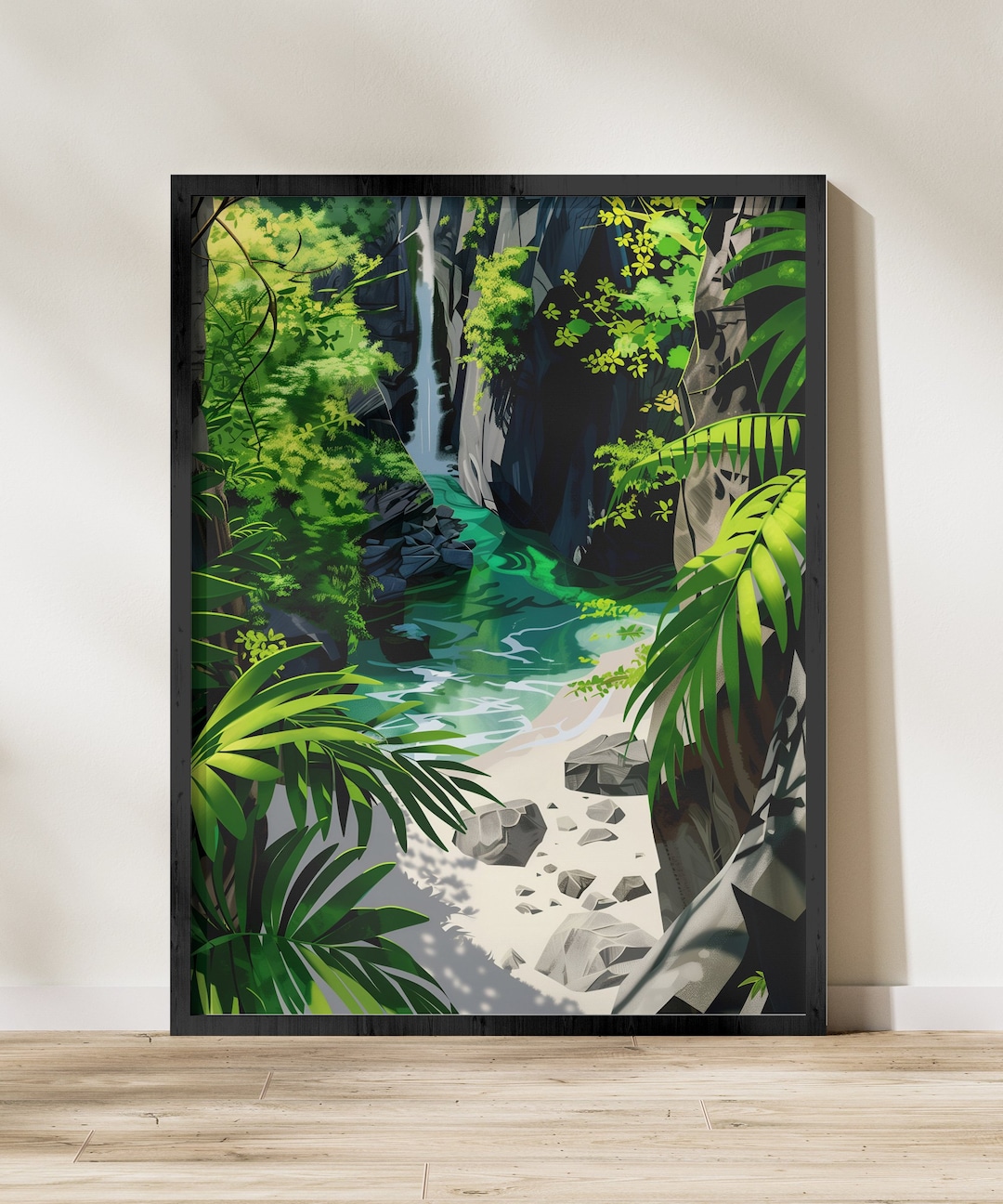 Tropical Paradise Digital Art Print - Lush Jungle and Waterfall Scenery ...