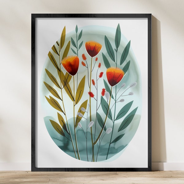 Modern Botanical Art Print, Digital Download, Floral Decor, Living Room Wall Art, Large Poster, Nature Inspired, Home Decor Gift Idea