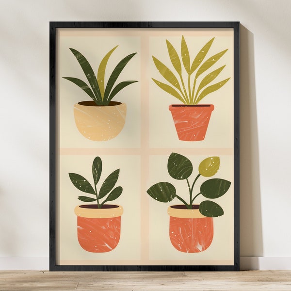 Modern Potted Plant Wall Art, Digital Print, Botanical Home Decor, Printable Interior Design, Four Panel Greenery Illustration