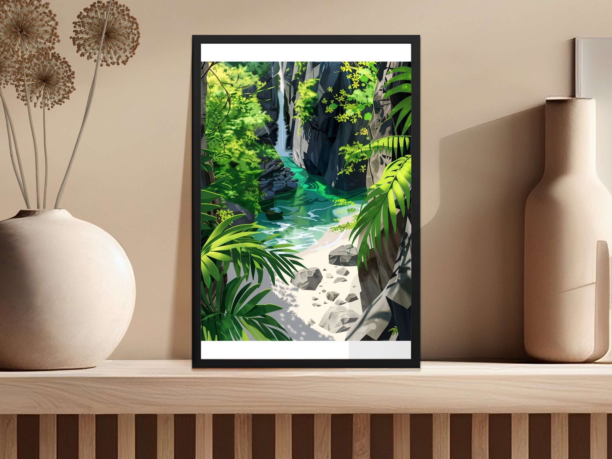 Tropical Paradise Digital Art Print Lush Jungle and Waterfall Scenery ...