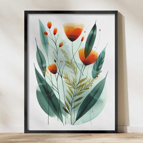 Botanical Art Print, Orange and Green Floral Digital Poster, Modern Home Decor, Minimalist Flower Wall Art, Nature Inspired