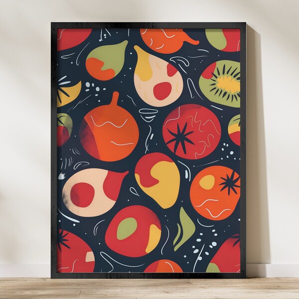 Colorful Fruit Pattern Wall Art, Digital Print, Modern Kitchen Decor, Bright Bold Colors, Instant Download