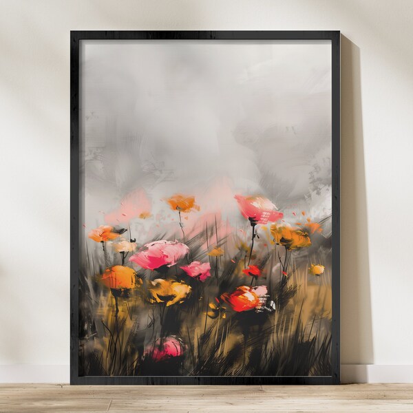 Abstract Floral Digital Art Print, Orange and Red Poppies, Modern Home Decor, Large Wall Art, Instant Download