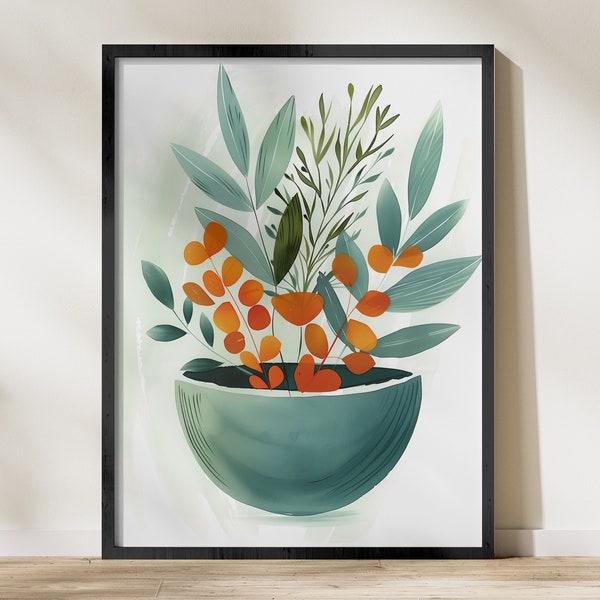 Botanical Art Print, Orange Berries Plant Illustration, Modern Wall Decor, Digital Download