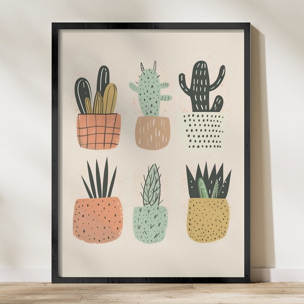 Cactus Print Wall Art, Potted Plants Illustration, Boho Chic Home Decor, Printable Modern Artwork, Digital Download
