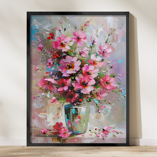Colorful Floral Digital Painting, Vibrant Pink Flowers in Vase, Modern Abstract Art Download, Home Decor Wall Art