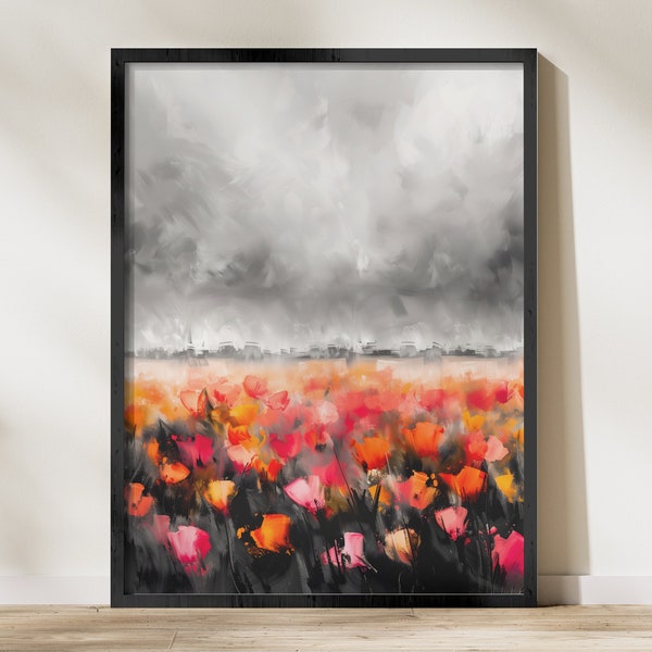 Abstract Floral Digital Print, Red Orange Black White Modern Wall Art, Large Digital Downloadable Artwork