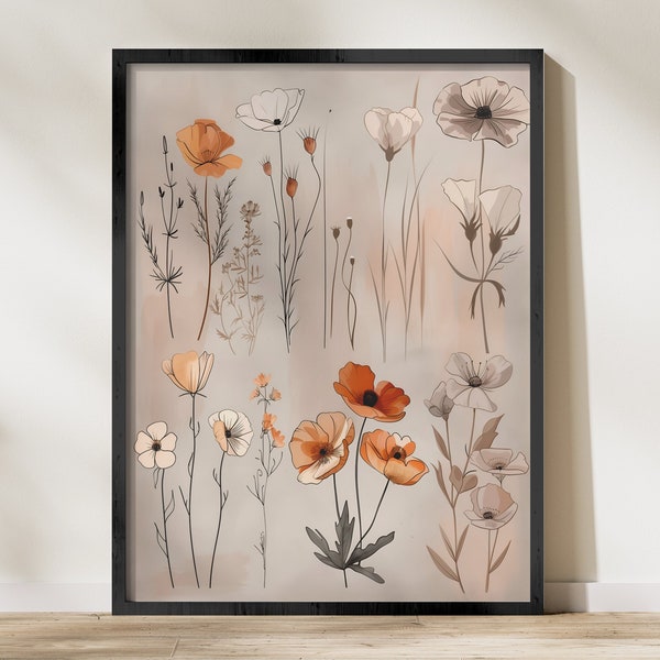 Botanical Digital Print Set, Orange and Grey Flower Illustrations, Modern Home Decor, Wall Art Download, Instant Art