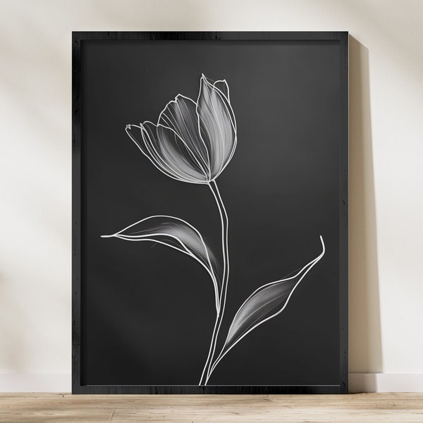 Elegant Tulip Line Art, Minimalist Floral Digital Print, Modern Black and White Home Decor