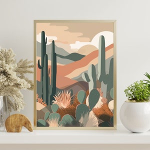 Mid-Century Modern Desert Landscape with Cacti and Succulents - Digital Art Download v2