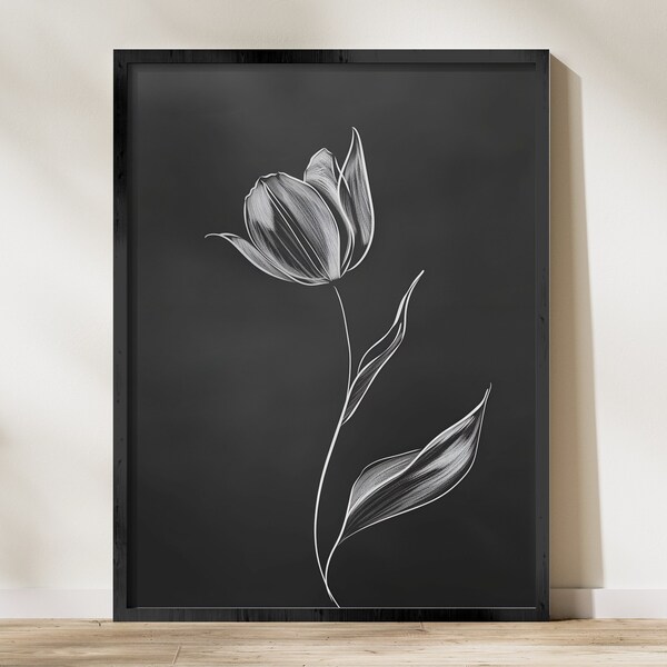 Elegant Tulip Line Art, Minimalist Floral Digital Print, Modern Black and White Home Decor