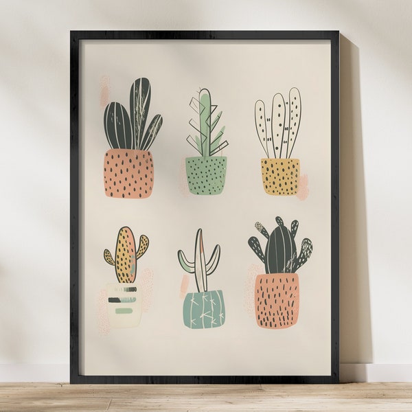 Modern Cactus Print, Pastel Wall Art, Digital Download, Minimalist Botanical Poster, Scandinavian Decor, Home Office Gift Idea