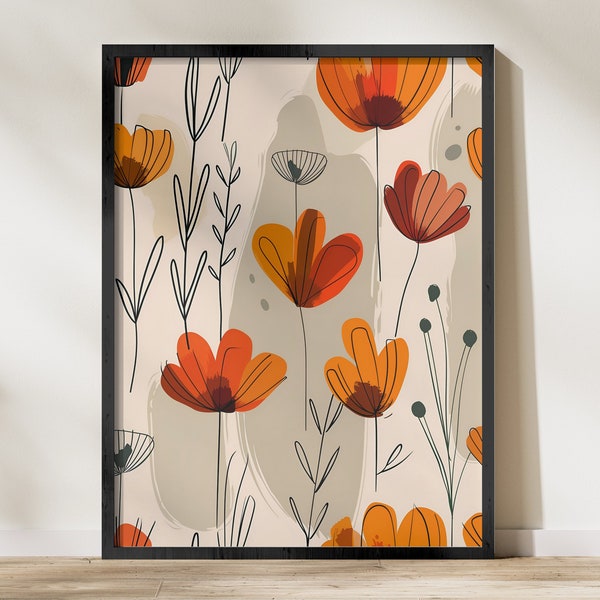 Modern Floral Wall Art, Orange and Grey Botanical Digital Print, Abstract Poppies Illustration, Home Decor Instant Download