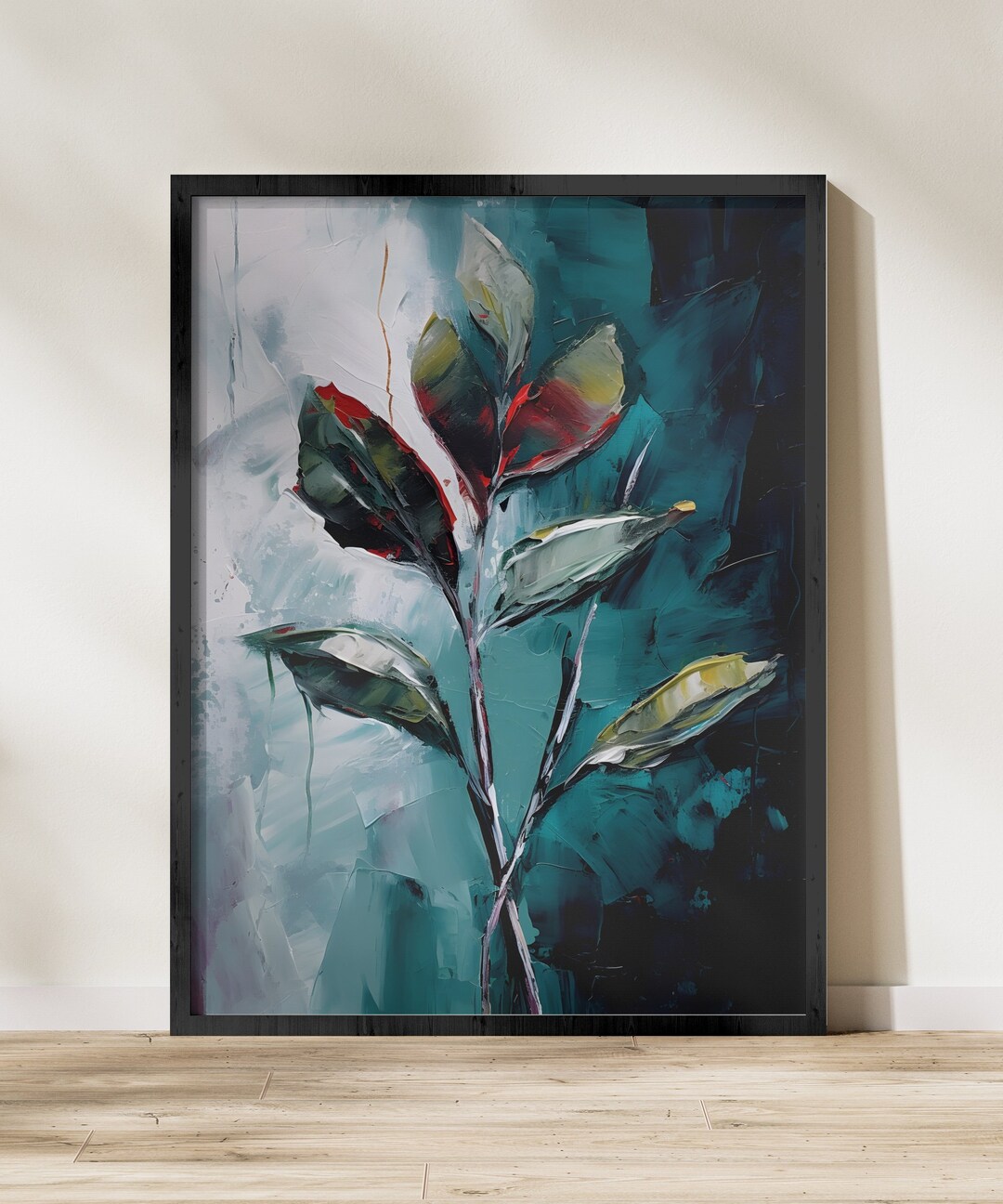 Abstract Pianting Abstract Plant Painting, Modern Botanical Art, Teal and Green Leaves ...