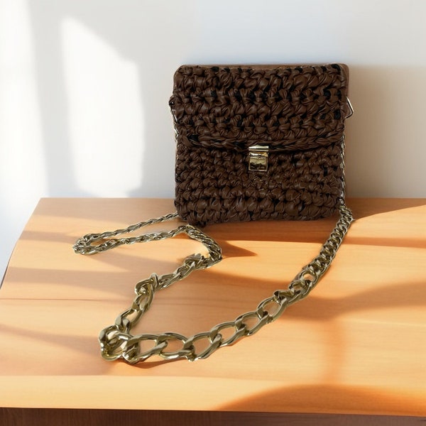 Unique Handmade Brown Eco-Leather Shoulder Bag with Metal Chain - Ethically Crafted Weave Design