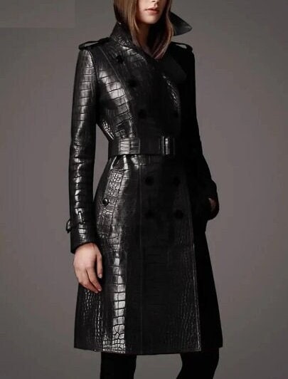 Mens Crocodile Pattern Genuine Sheepskin Black Leather Long Trench Coat