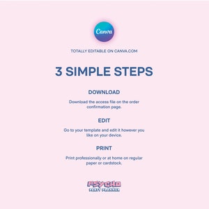 May include: A pink and blue graphic with the text "3 Simple Steps" and instructions for downloading, editing, and printing a template on Canva.com. The graphic also includes the text "PSYCHO PARTY PLANNER".