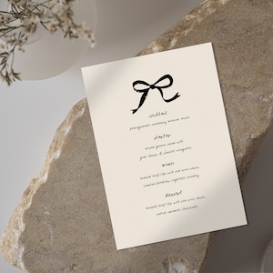 Menu w stylu Coquette - Menu do druku, Menu weselne do druku, Natychmiastowe pobieranie, Edytuj za pomocą Canva, Drukuj w domu, Ilustracja kokardy
