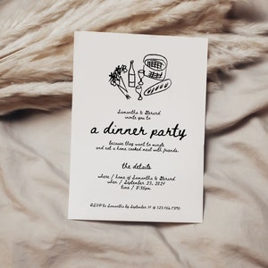 May include: A white invitation card with black text and a hand-drawn illustration of a picnic basket, wine bottles, glasses, and bread. The text reads "Samantha & Gerard invite you to a dinner party because they want to mingle and eat a home cooked meal with friends. The details: where/home of Samantha & Gerard when/September 23, 2024 time/8:35pm RSVP to Samantha by September 14 @ 123-456-7890"
