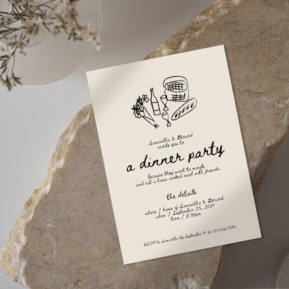Hand Drawn Dinner Party Invite: Editable Canva Template (5x7)