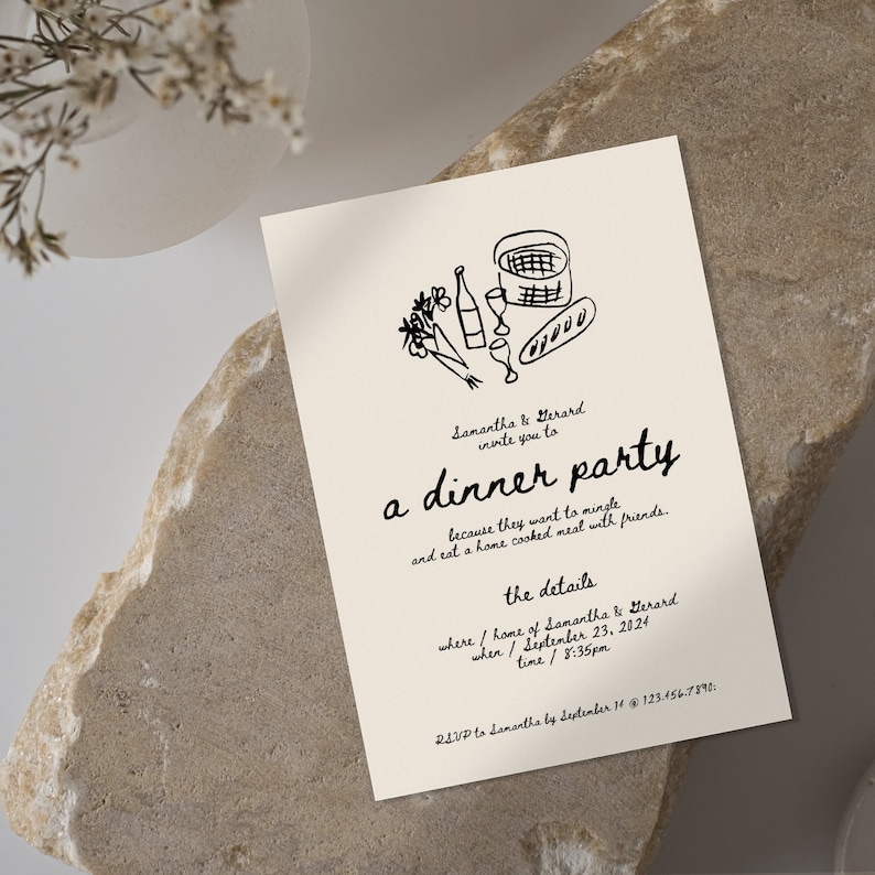 May include: A black and white illustration of a dinner party invitation with the text "Samantha & Gerard invite you to a dinner party because they want to mingle and eat a home cooked meal with friends. The details where/home of Samantha & Gerard when/September 23, 2024 time/8:35pm RSVP to Samantha by September 14 @ 123.456.7390"