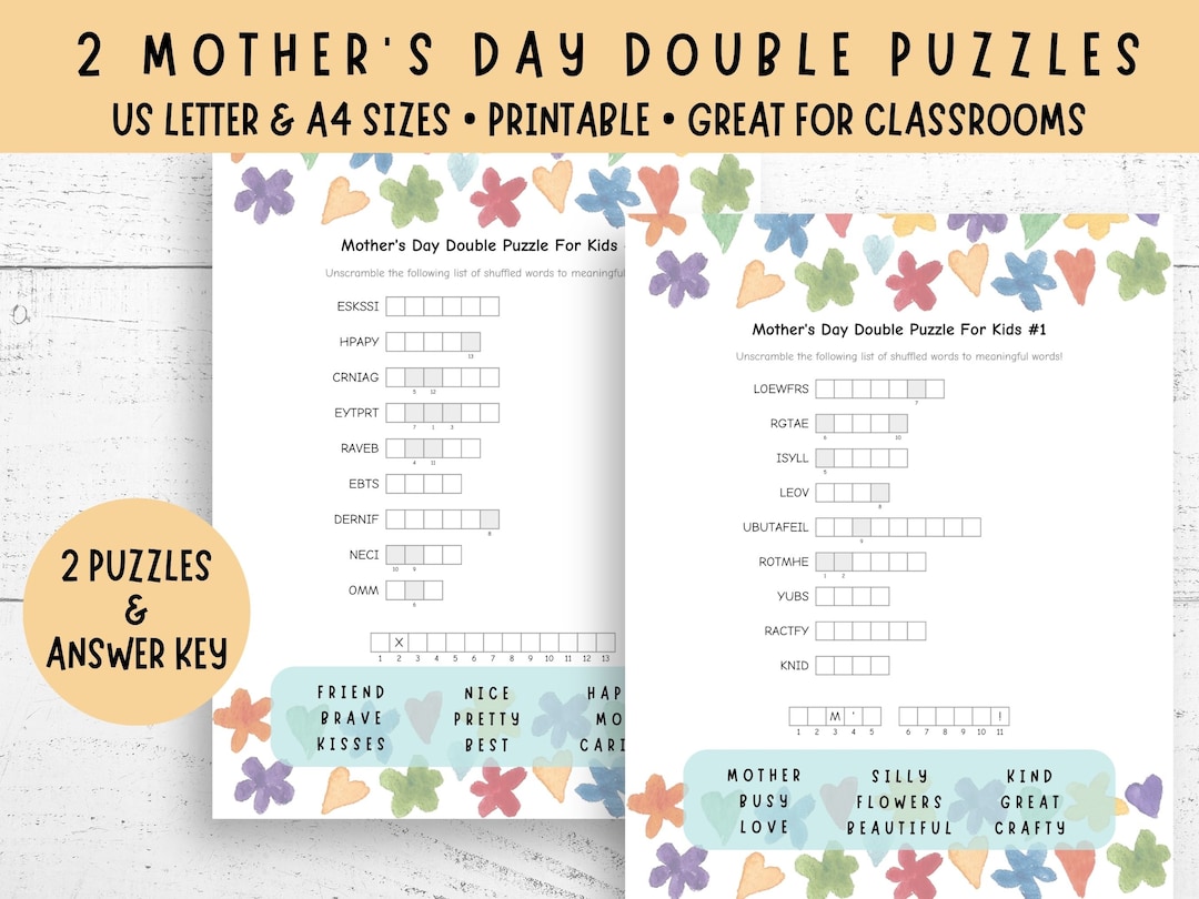 Mother's Day Double Puzzles for Kids, 3 Pgs, Word Scramble Combined ...