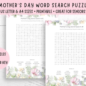 Mother&#39;s Day Word Search Puzzles, 3 pages, Word Puzzles For Seniors, Printable PDF, US Letter/A4, Family Word Games, Mothers Day Table Games