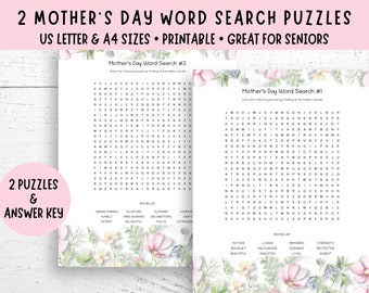 Moederdag Woordzoekpuzzels, 3 pagina's, Woordpuzzels voor senioren, Afdrukbare PDF, US Letter/A4, Familiewoordspellen, Moederdagtafelspellen