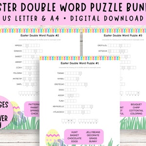 May include: A digital download bundle of Easter double word puzzles. The bundle includes three pages of puzzles and an answer key. The puzzles feature scrambled words related to Easter, such as "rabbit" and "eggs". Available in US Letter and A4 sizes.