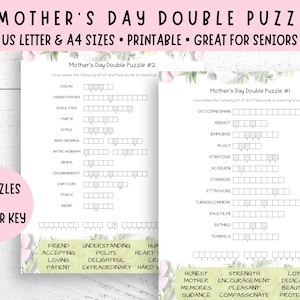 May include: Two Mother's Day double puzzles with answer key. The puzzles are printed on white paper with floral accents. The text includes "US Letter & A4 Sizes" and "Printable". The puzzles are designed for seniors and include scrambled words.