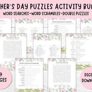 Mother&#39;s Day Word Puzzles Bundle, 9 pgs, Word Searches, Word Scrambles, Double Puzzles, Word Puzzles For Seniors, Mother&#39;s Day Games Bundle