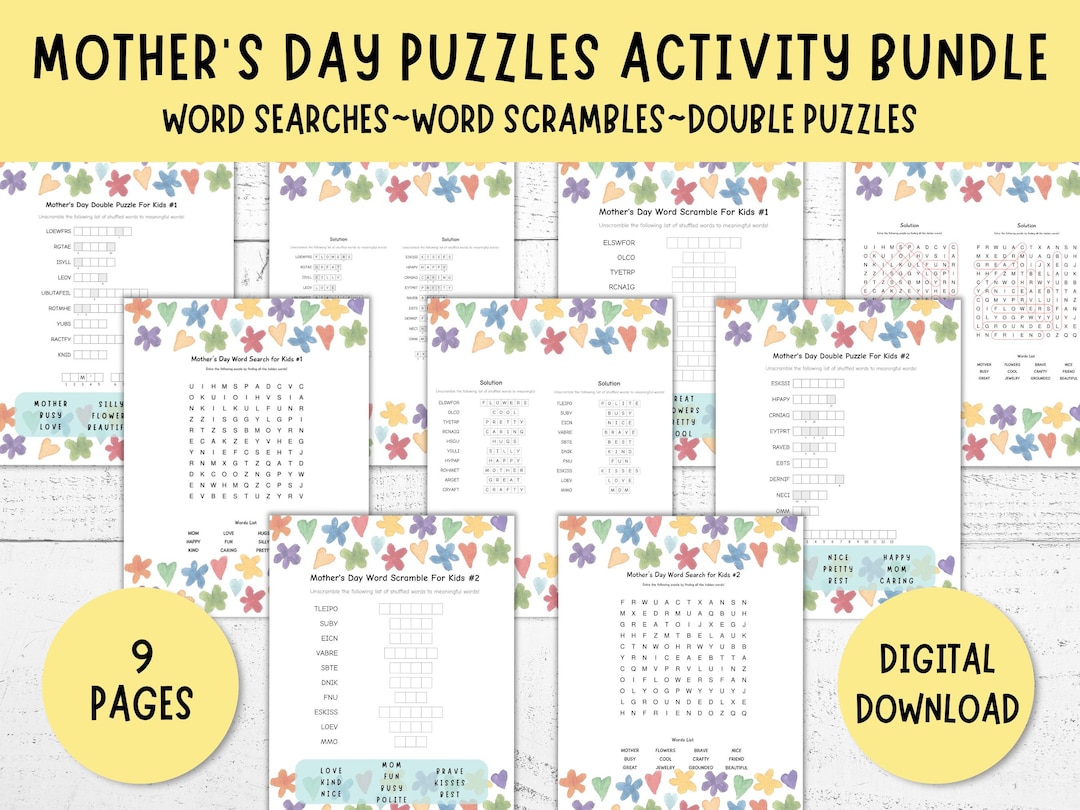 Mother's Day Kids Puzzles Activity Bundle, 9 Pgs, Word Searches, Word ...