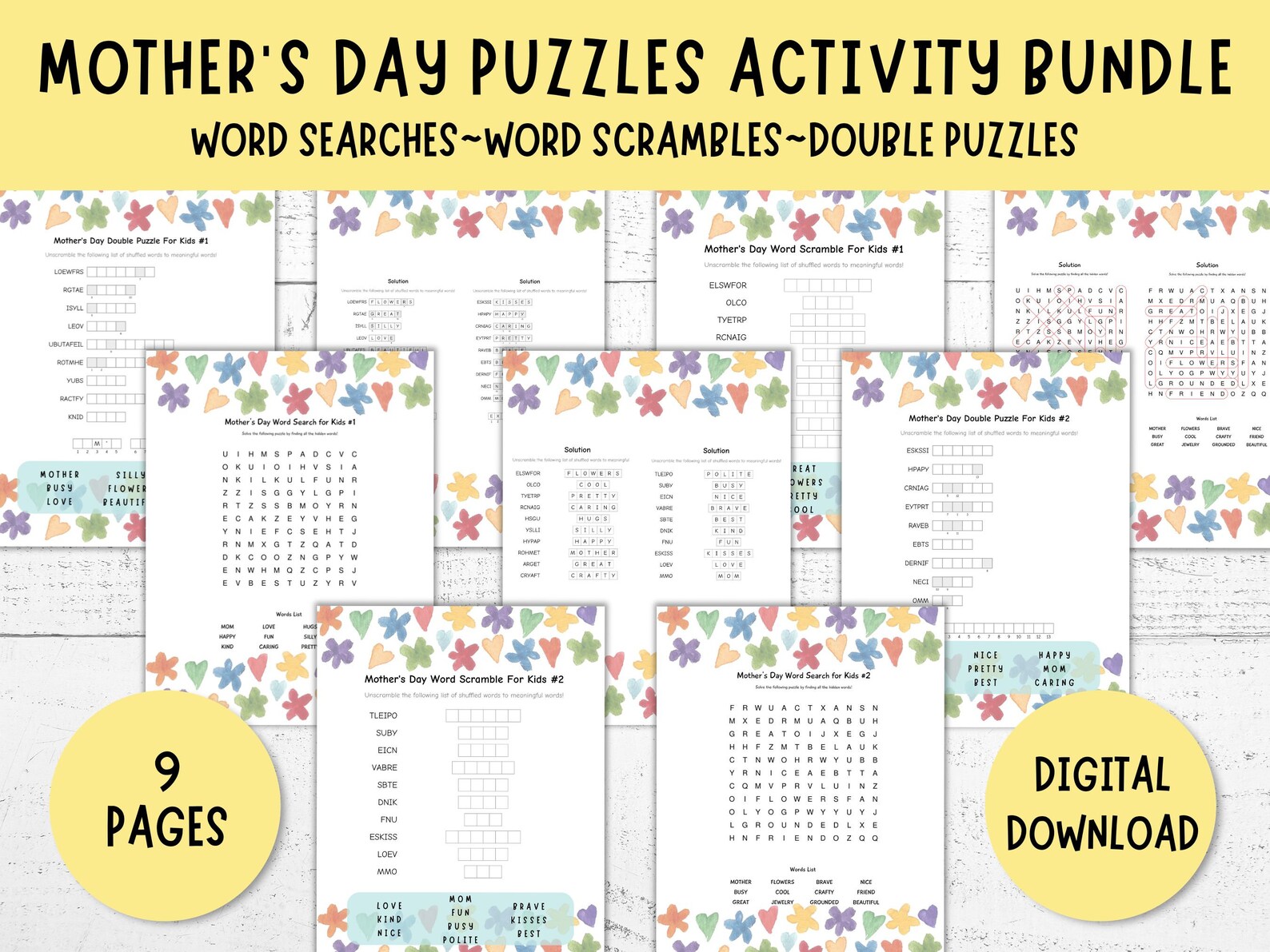 Mother's Day Kids Puzzles Activity Bundle, 9 Pgs, Word Searches, Word ...