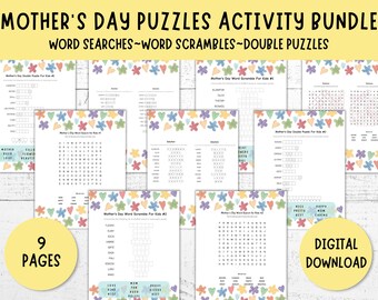 Mother's Day Kids Puzzles Activity Bundle, 9 pgs, Word Searches, Word Scrambles, Double Puzzles, Cryptograms, Printable PDF, US Letter & A4