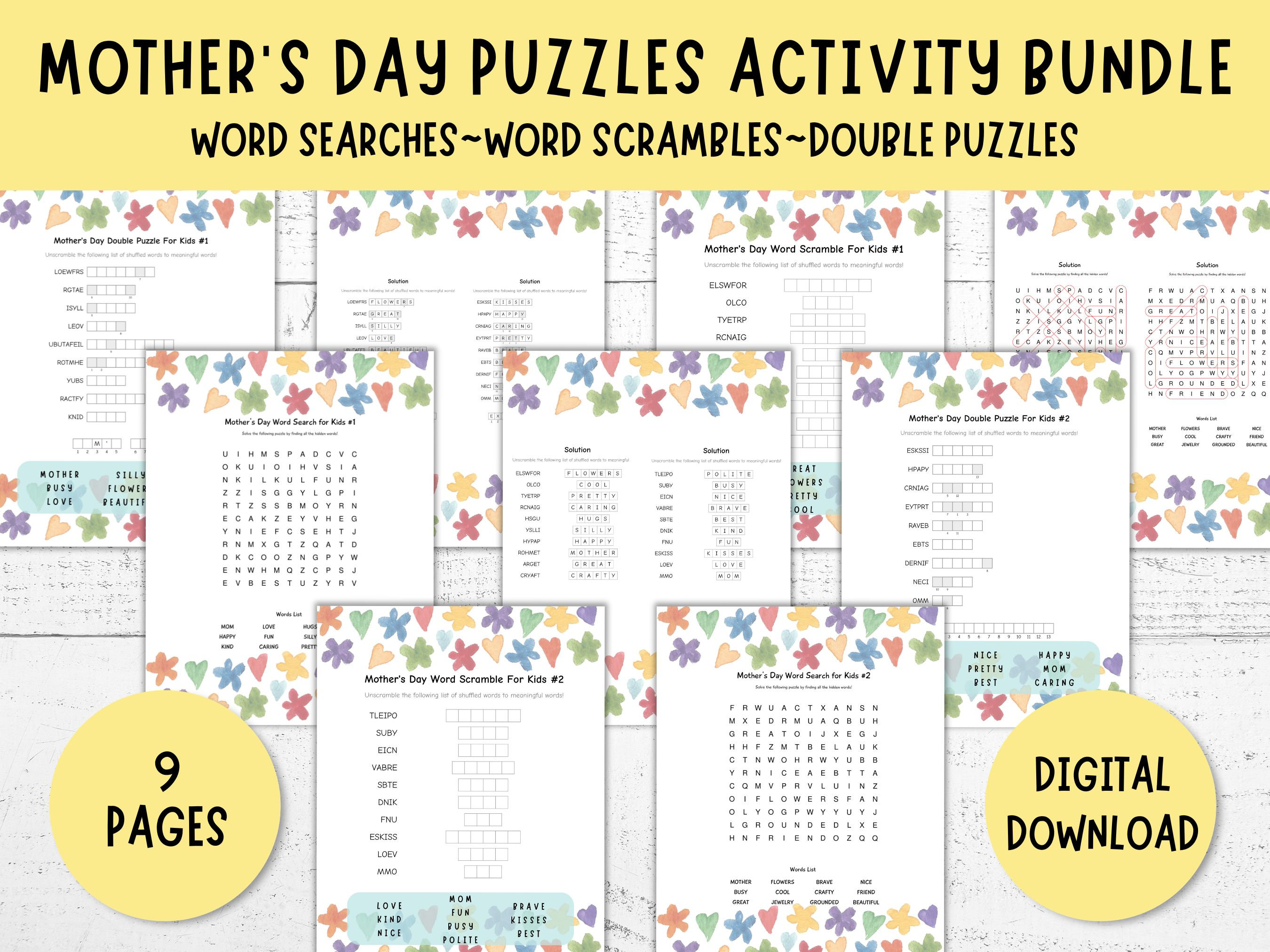 Mother's Day Kids Puzzles Activity Bundle, 9 Pgs, Word Searches, Word ...