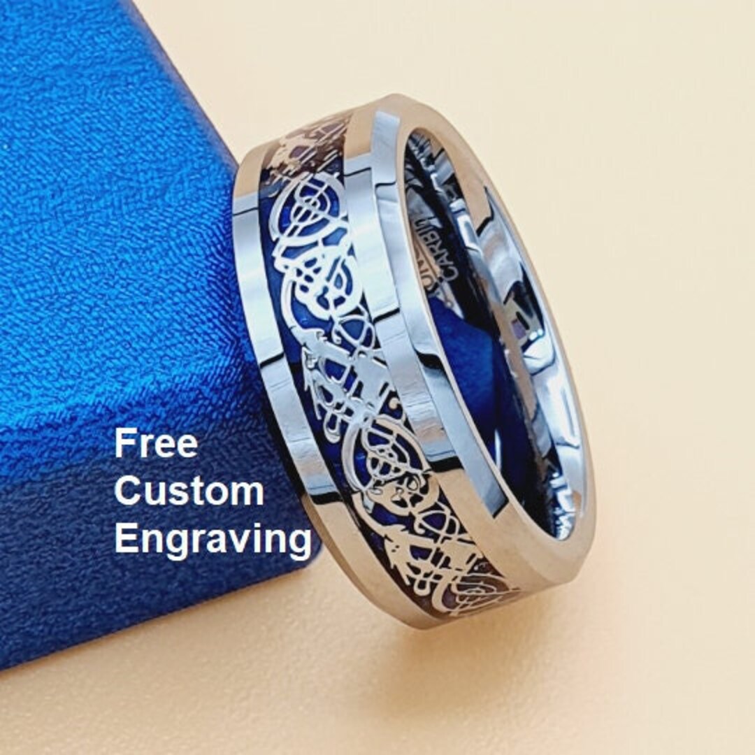 Cool 8mm Blue Black Celtic Dragon Ring – Stainless Steel Wedding Band For Men & Women, Beveled Edges, Hypoallergenic, Size 13 - View #4