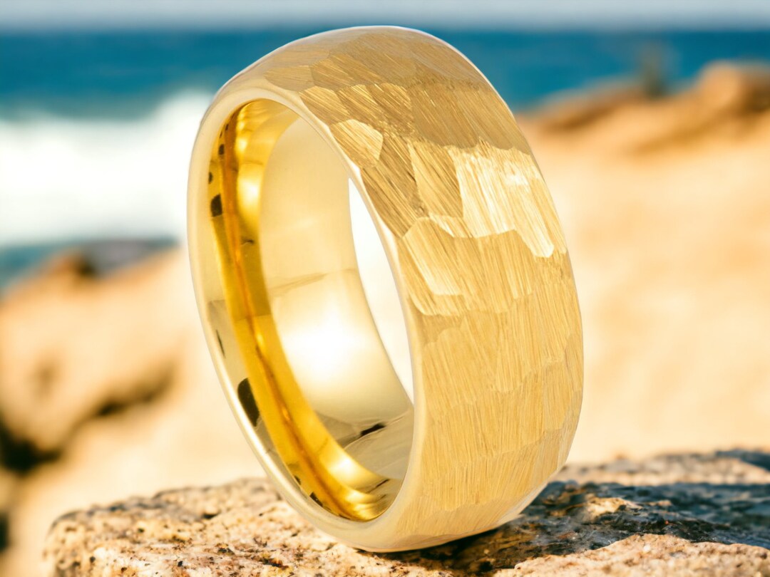 Mens Gold Hammered Wedding Band Mens Gold Wedding Ring Black Etsy