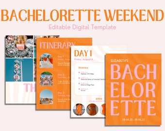 May include: A digital template for a hen party weekend itinerary. The template features a bright orange background with pink text that says "Elizabeth's Bachelorette" and the dates "08.04.23 - 08.06.23". The template also includes a section for the itinerary with a list of activities for each day of the weekend.