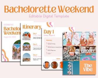 May include: A digital template for a hen do itinerary. The template features a pink and orange colour scheme with a photo collage of women in a pool. The text "Bachelorette Weekend" is in a large, orange font. The text "Editable Digital Template" is in a smaller, orange font. The itinerary includes a list of activities for each day of the weekend, including a welcome drink at a local cafe, dinner at a restaurant, and a yoga brunch.