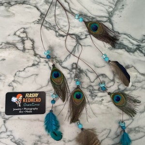 Feather Extension Hair Clip with peacock, natural & teal blue feathers and sparkly beads