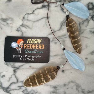 Feather Extension Hair Clip with pheasant & blue pastel feathers and sparkly beads