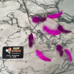 Feather Extension Hair Clip with bright pink spotted feathers and sparkly beads
