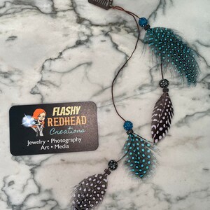 Feather Extension Hair Clip with natural & teal spotted feathers and sparkly beads