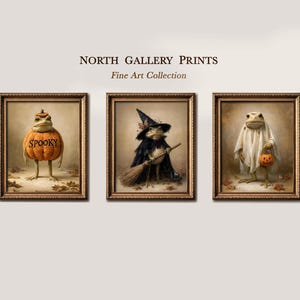 May include: Three framed art prints titled NORTH GALLERY PRINTS Fine Art Collection. The left print shows a frog in a pumpkin costume with the word SPOOKY. The centre print shows a frog as a witch with a broom. The right print shows a frog as a ghost.
