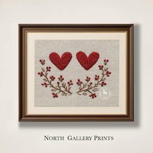 Printable Embroidered Red Heart Print, Folk Valentine Wall Art Rustic Farmhouse Love Decor, Linen Botanical Hearts, Romantic Cottagecore Art image 1