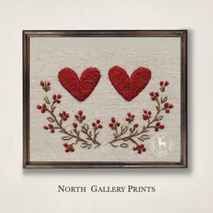 Printable Embroidered Red Heart Print, Folk Valentine Wall Art Rustic Farmhouse Love Decor, Linen Botanical Hearts, Romantic Cottagecore Art image 2